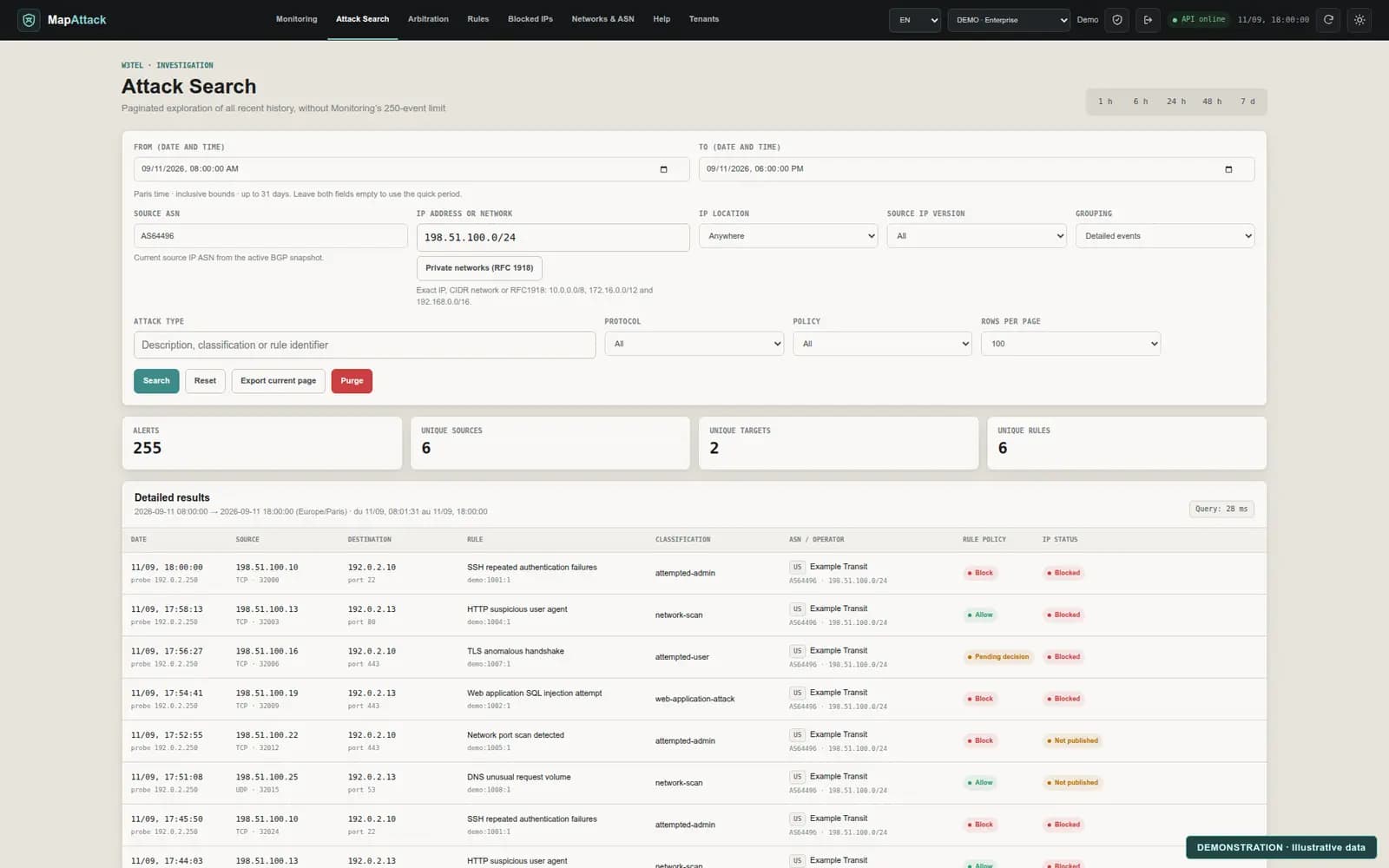 MapAttack attack search screen using illustrative data