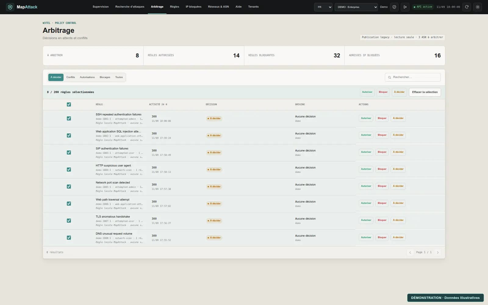 Écran d’arbitrage des règles MapAttack avec données illustratives