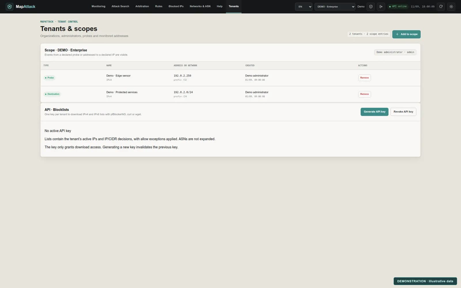 MapAttack tenant administration screen using illustrative data