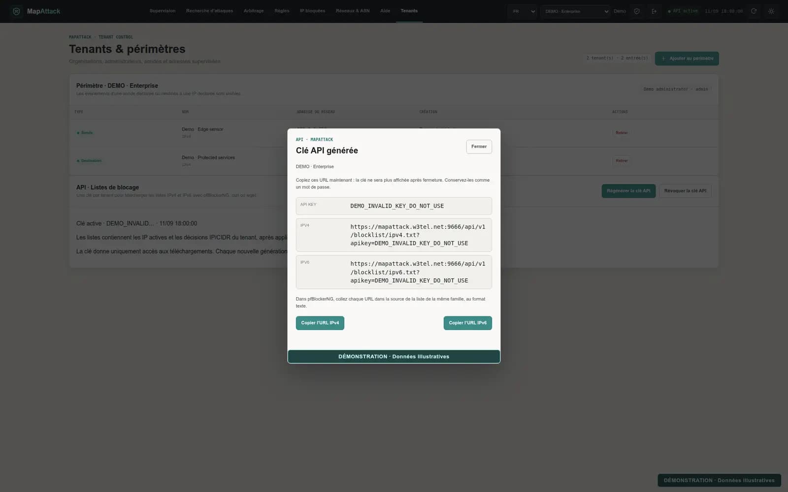Écran des API de listes IP MapAttack avec données illustratives